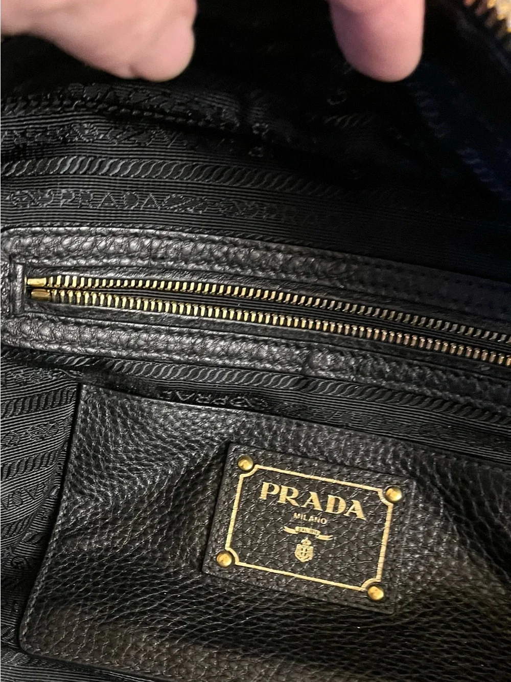 Prada Vintage Nero Pebble Leather Vitello Daino Bauletto Satchel, Gold Hardware
